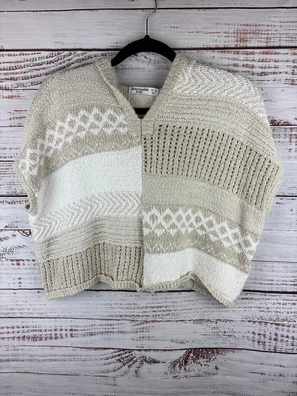 Abercrombie KIDS Color Block Tan Cream Crop Knit Sweater SS Hooded Girls 11/12